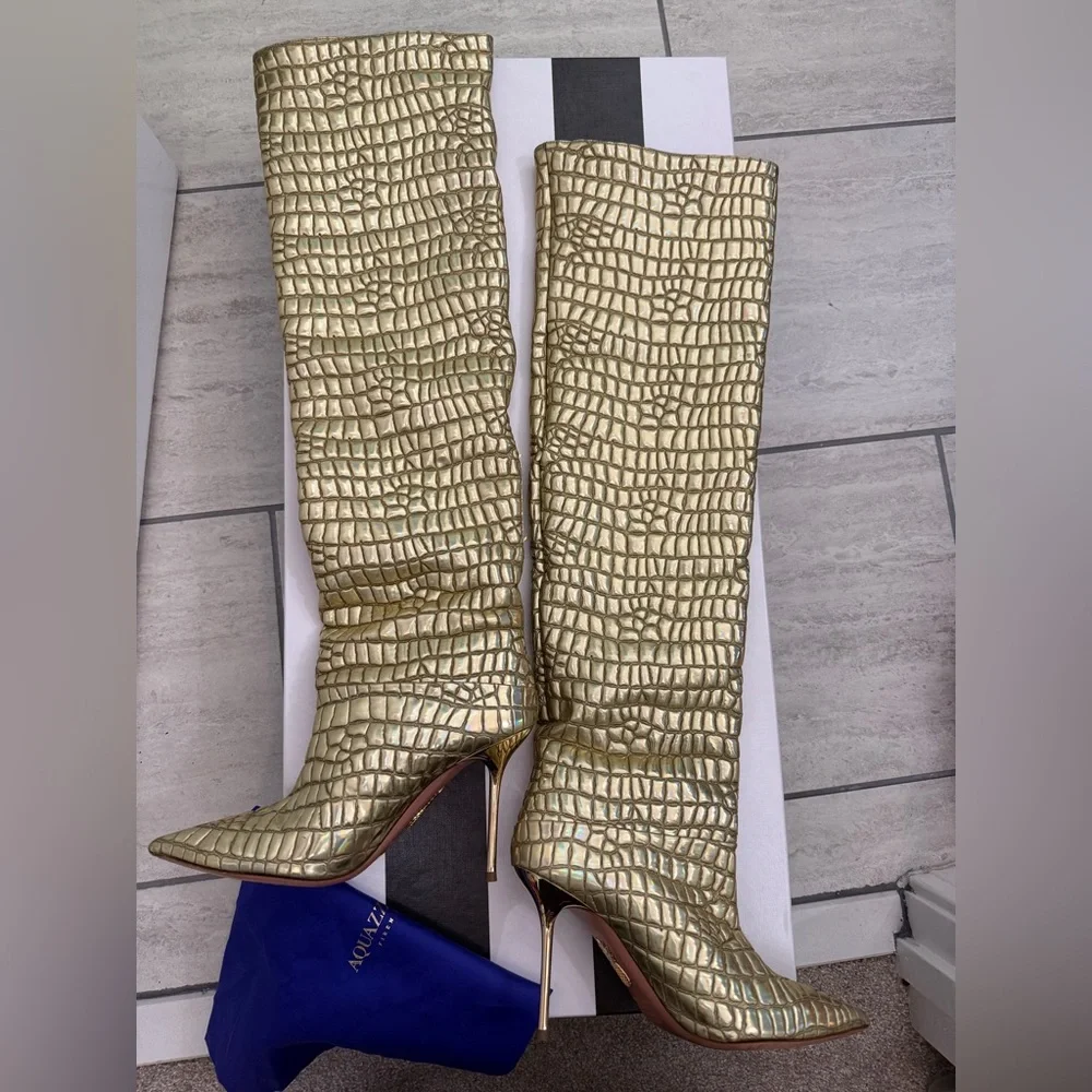 Aquazurra Boreal Metallic Gold Croc-Embossed Over-The-Knee Boots - size 37.5 EUC